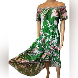 Flying Tomato Green Pink Tropical Palm Leaf Off The Shoulder High Low Midi Dress